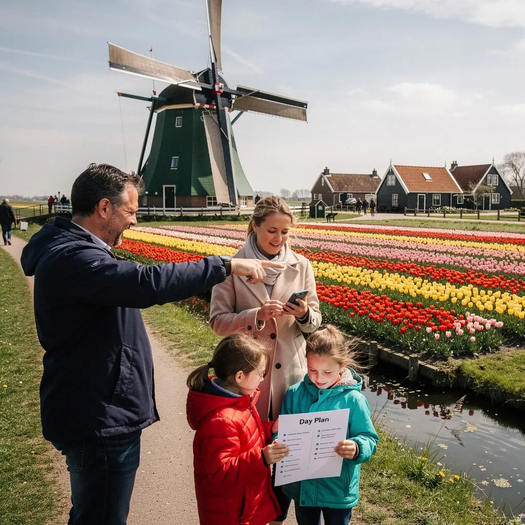 Een kleurrijke bloembollenvelden in de lente, met tulpen in volle bloei.